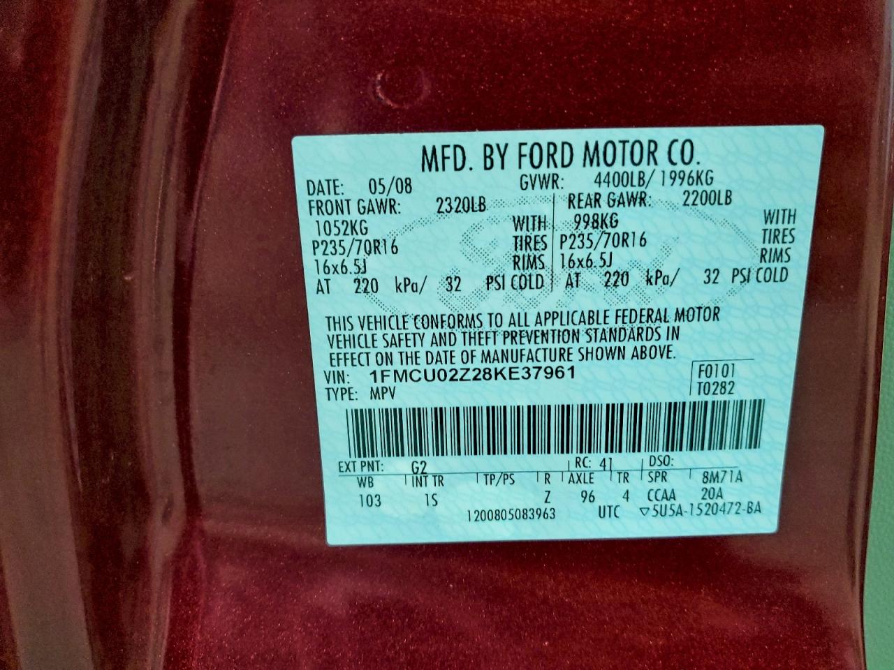 2008 Ford Escape Xls VIN: 1FMCU02Z28KE37961 Lot: 94067935