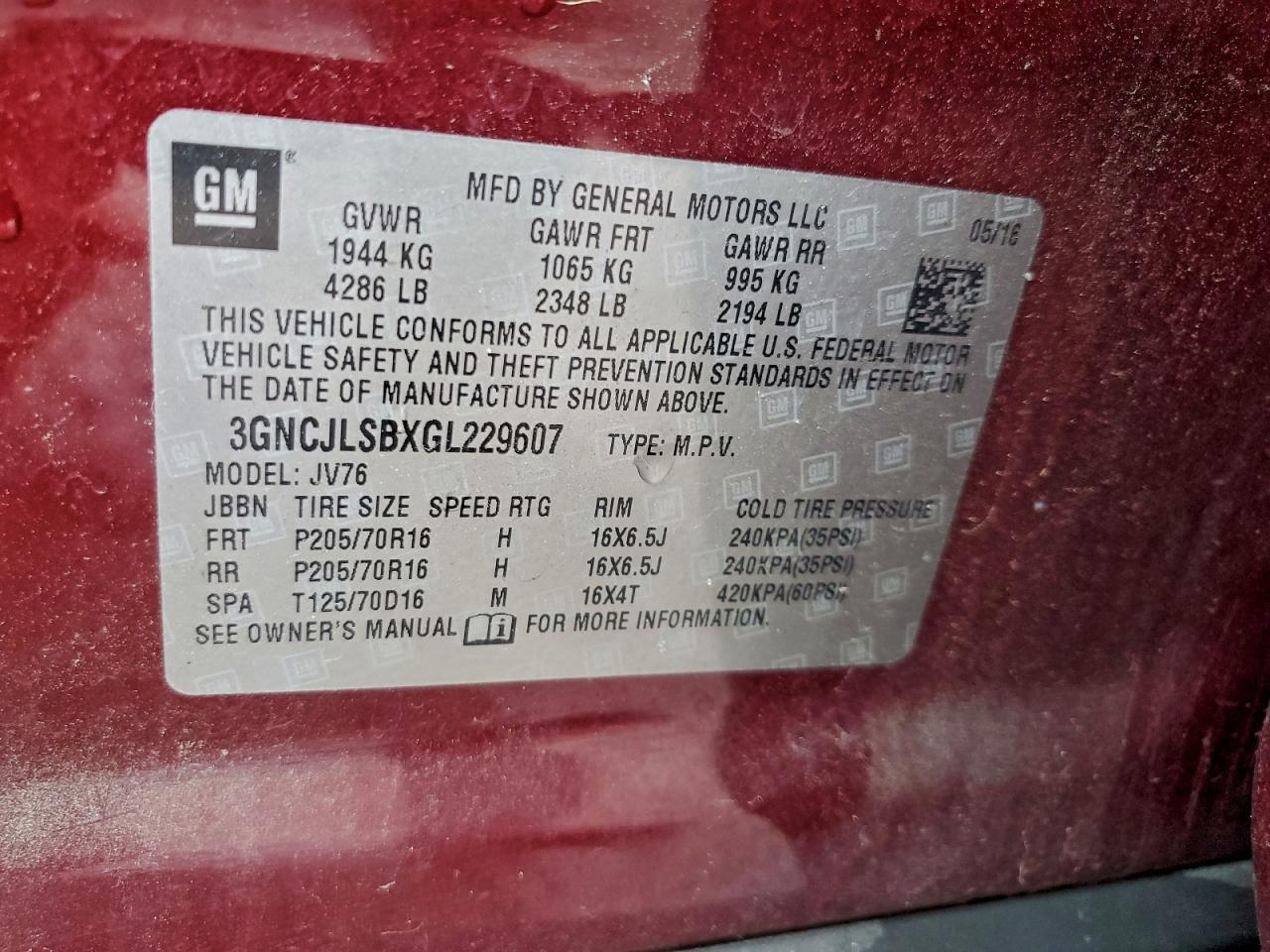 2016 Chevrolet Trax 1Lt VIN: 3GNCJLSBXGL229607 Lot: 94163035