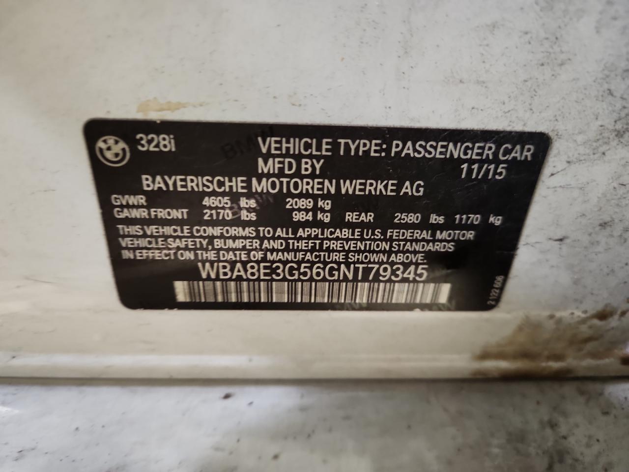 2016 BMW 328 Xi Sulev VIN: WBA8E3G56GNT79345 Lot: 91053115