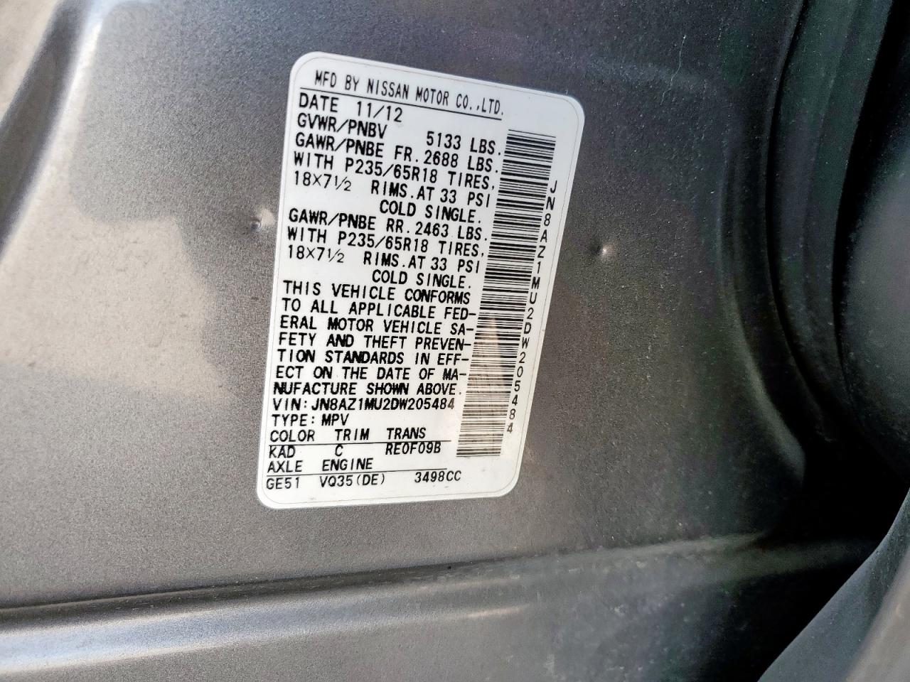 2013 Nissan Murano S VIN: JN8AZ1MU2DW205484 Lot: 92277885