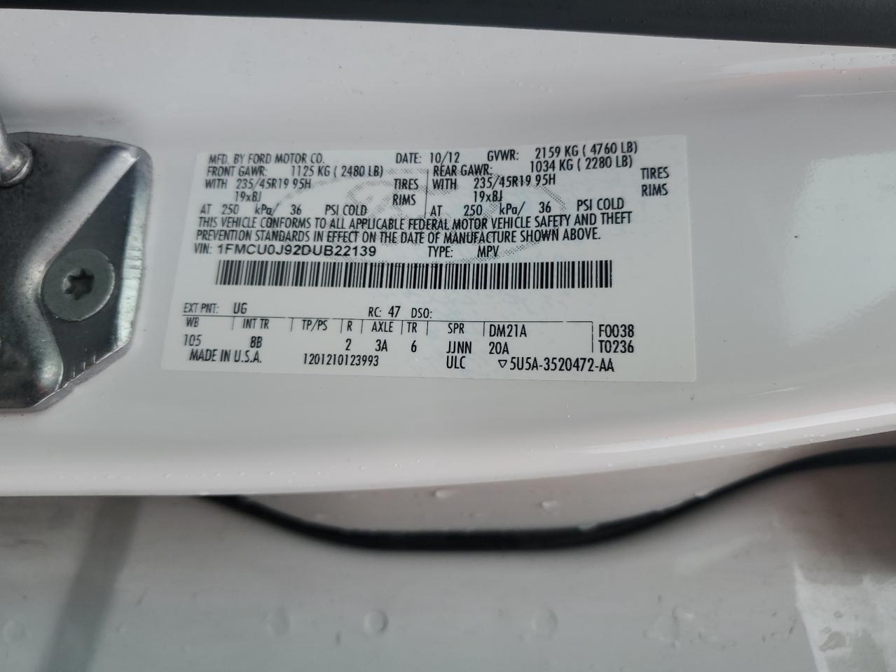 2013 Ford Escape Titanium VIN: 1FMCU0J92DUB22139 Lot: 93411645