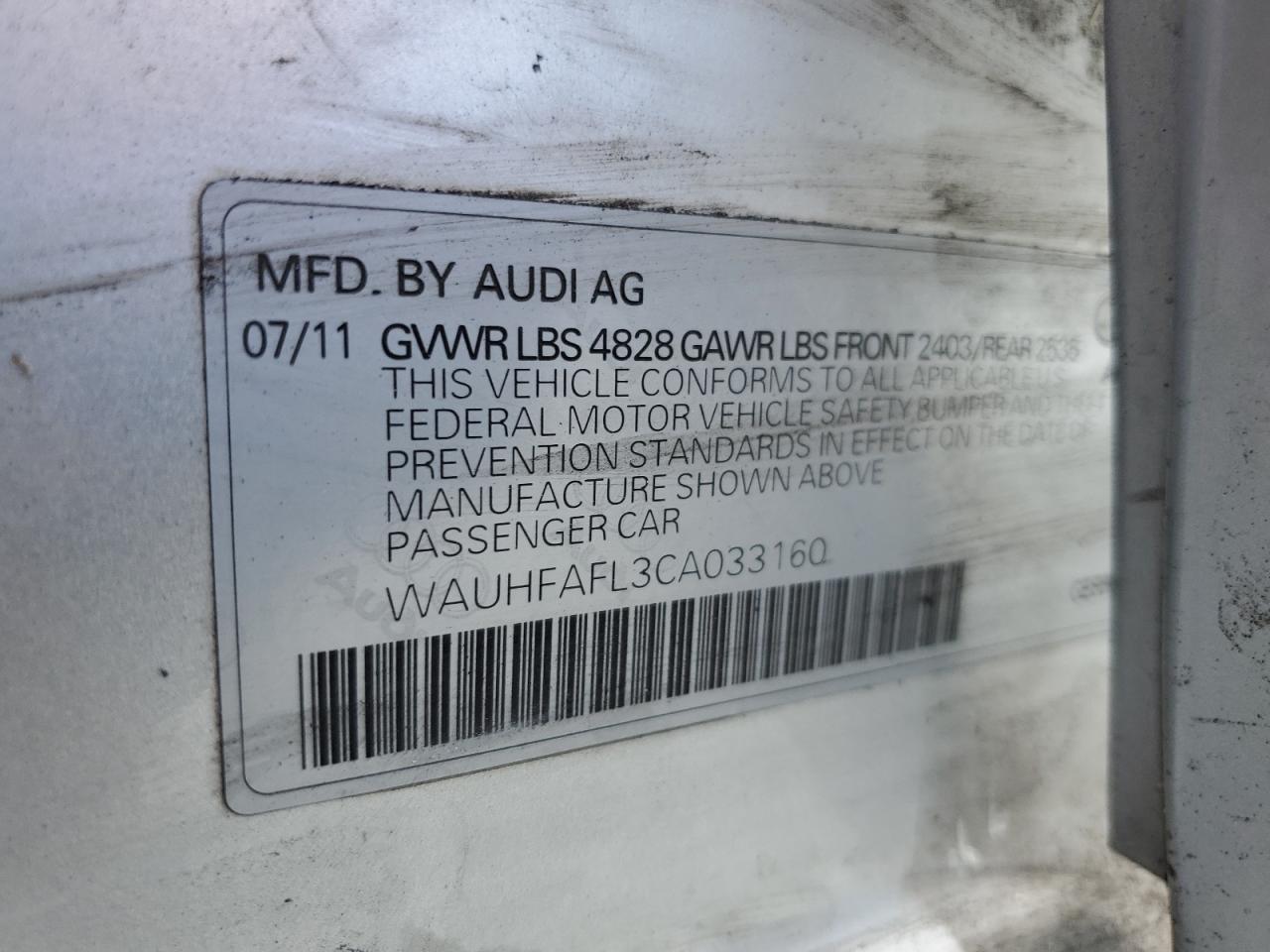 2012 Audi A4 Premium Plus VIN: WAUHFAFL3CA033160 Lot: 92205335