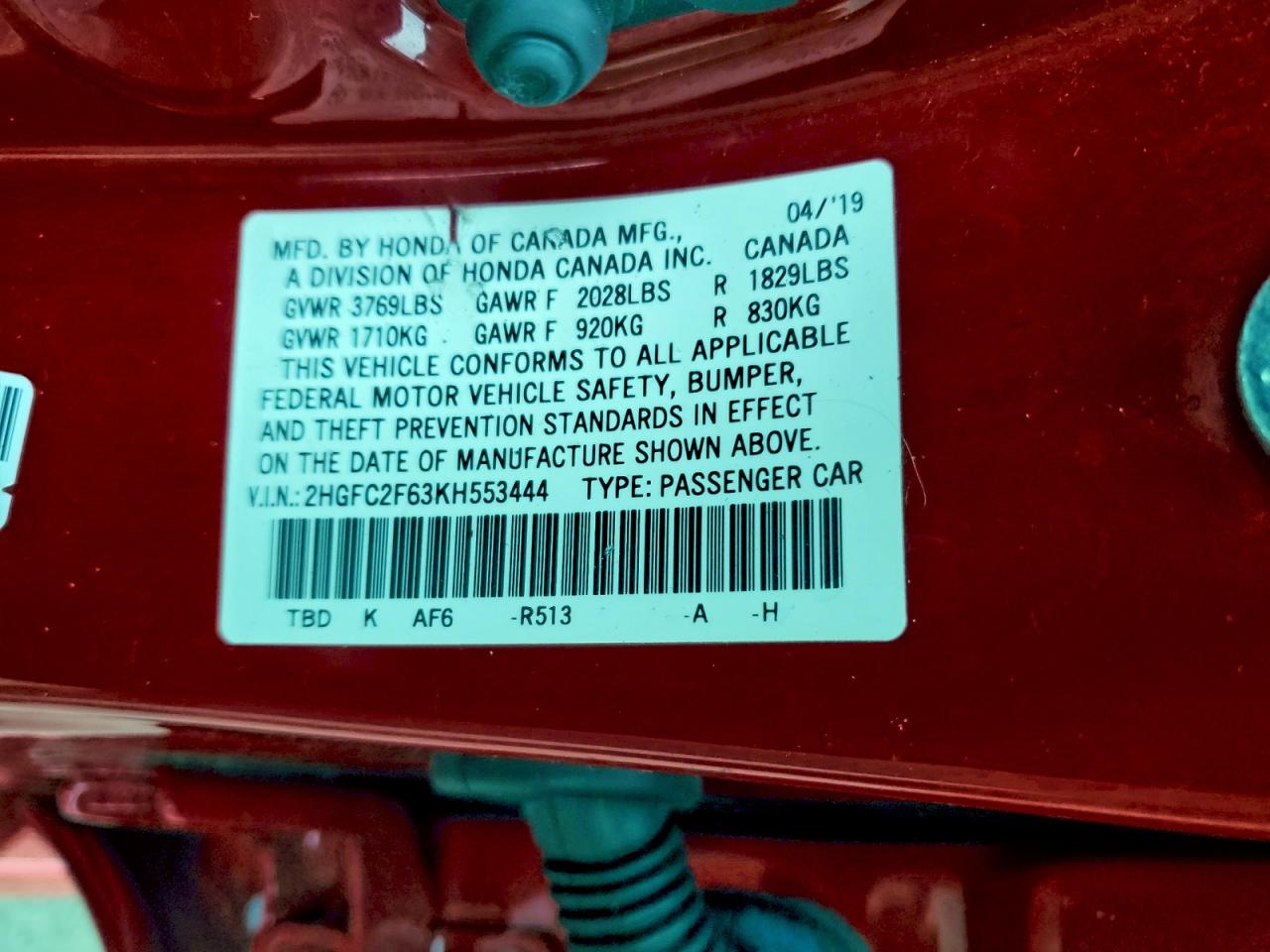 2019 Honda Civic Lx VIN: 2HGFC2F63KH553444 Lot: 94473315