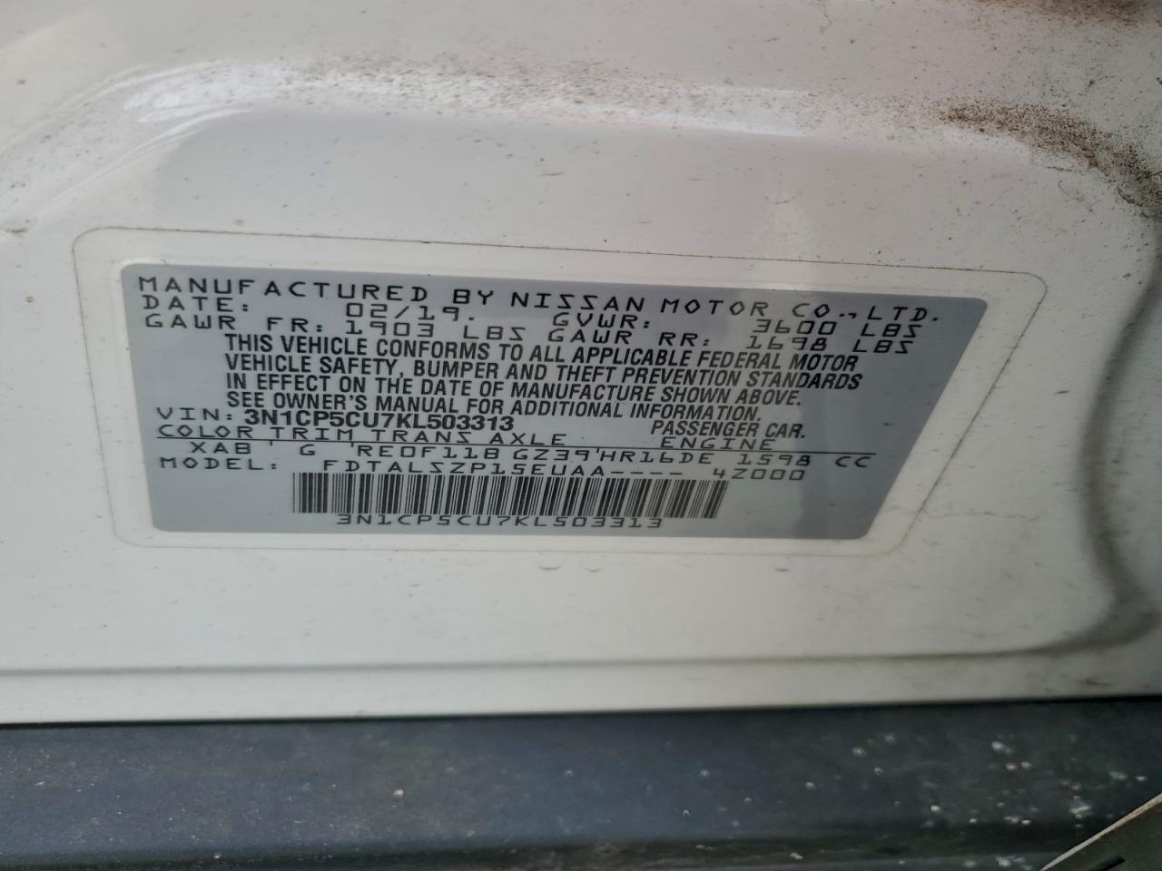 2019 Nissan Kicks S VIN: 3N1CP5CU7KL503313 Lot: 93965525