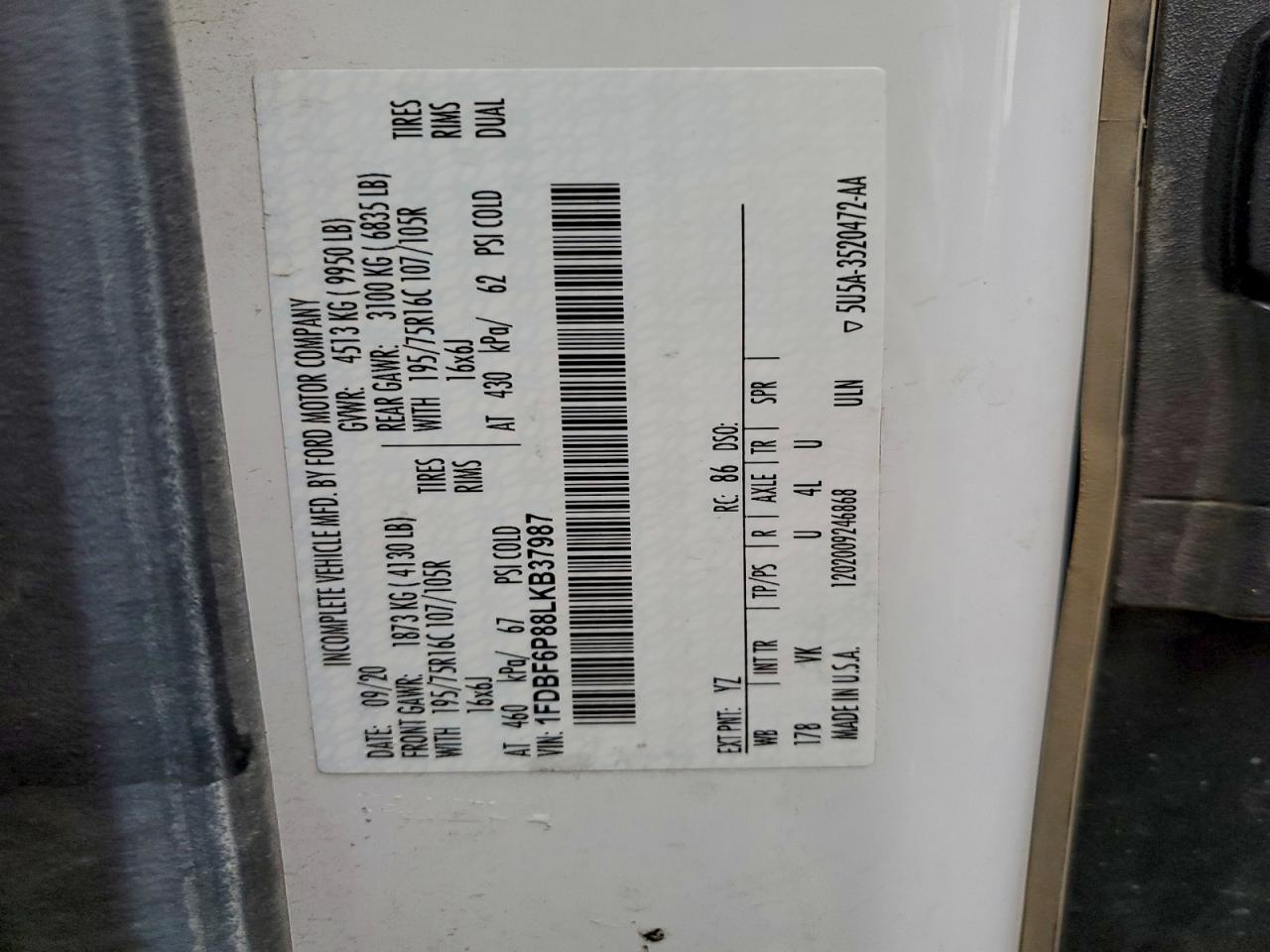 2020 Ford Transit T-350 Hd VIN: 1FDBF6P88LKB37987 Lot: 93323395