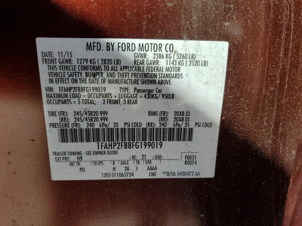 2015 Ford Taurus Limited VIN: 1FAHP2F88FG199019 Lot: 91369345