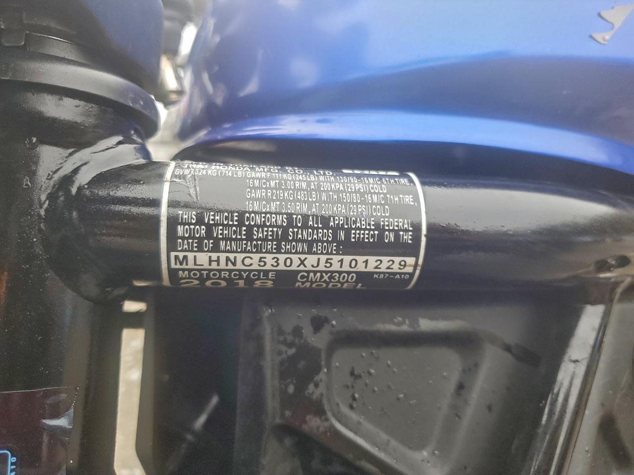 2018 Honda Cmx300 VIN: MLHNC530XJ5101229 Lot: 93628235