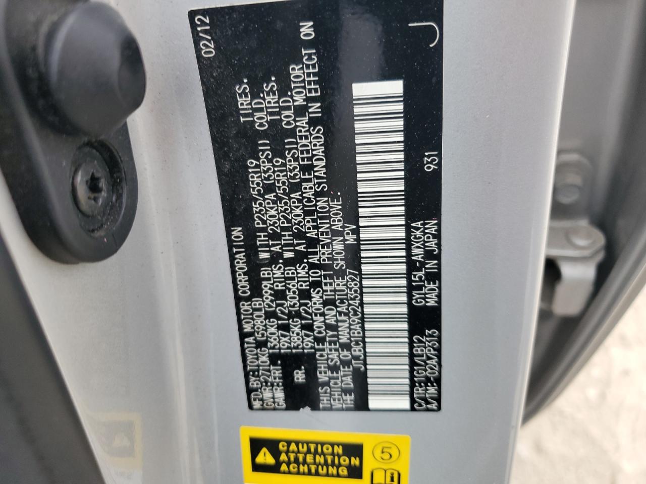 2012 Lexus Rx 450H VIN: JTJBC1BA9C2435827 Lot: 93099025