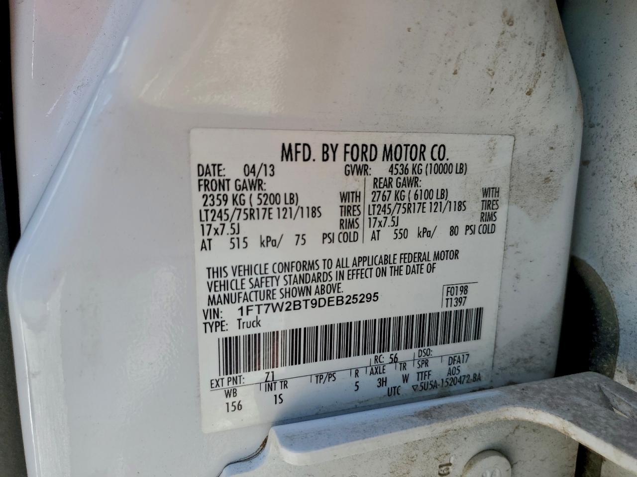 2013 Ford F250 Super Duty VIN: 1FT7W2BT9DEB25295 Lot: 94802155