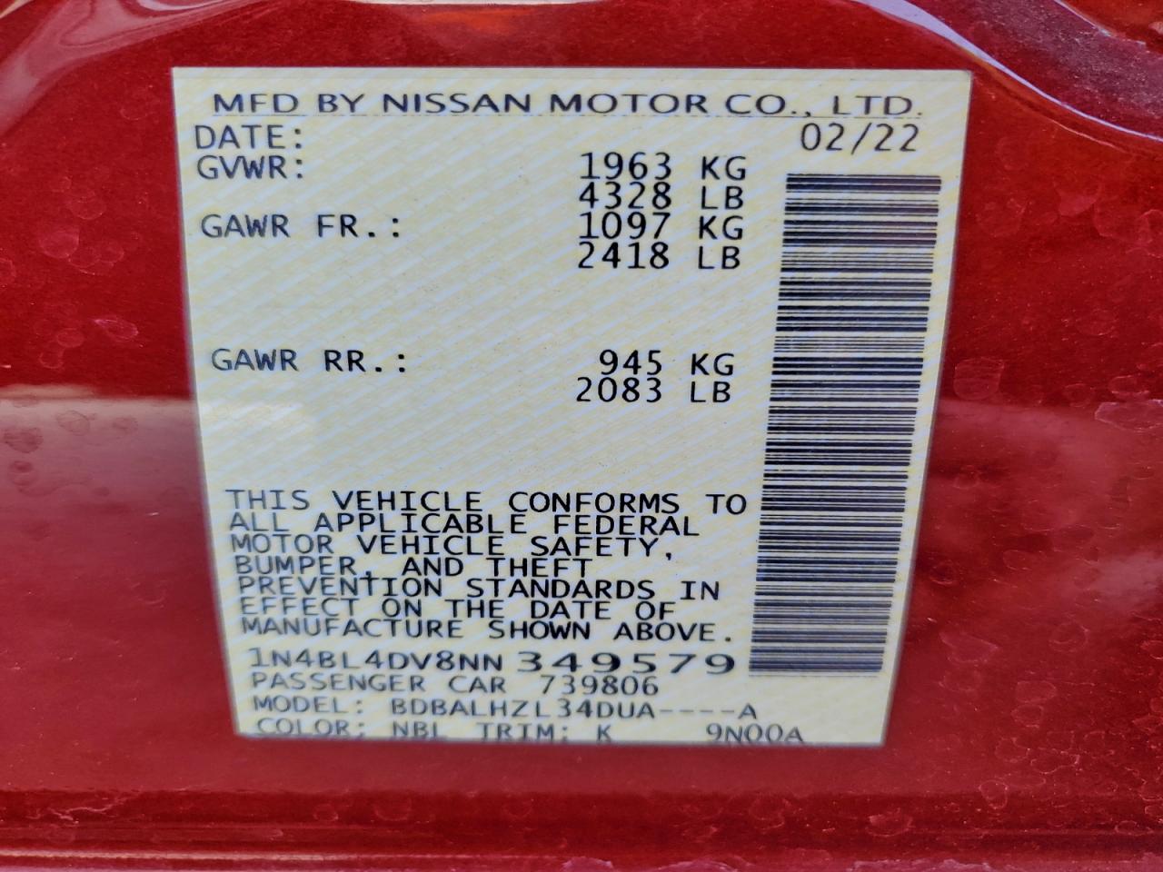 2022 Nissan Altima Sv VIN: 1N4BL4DV8NN349579 Lot: 94421655