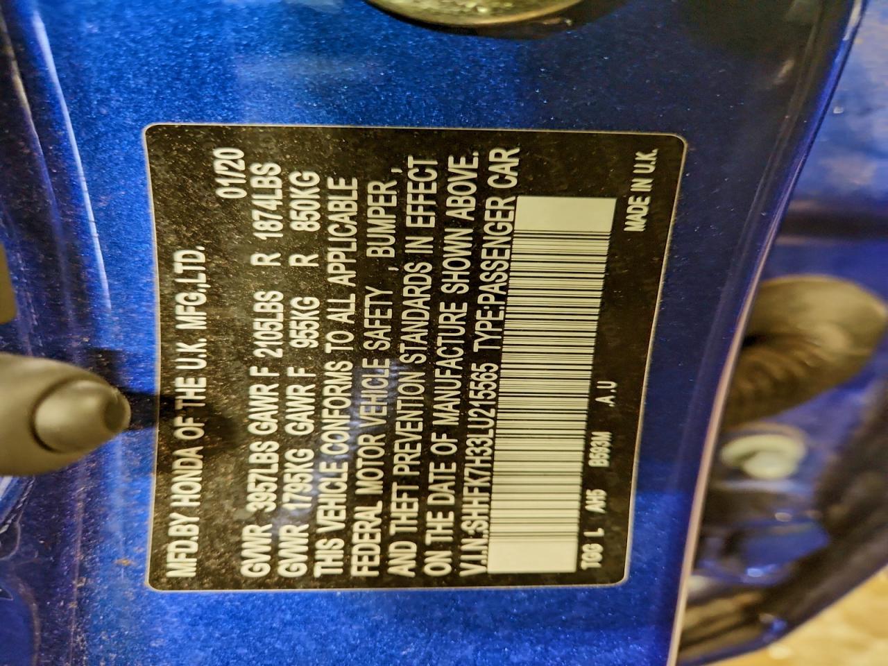 2020 Honda Civic Lx VIN: SHHFK7H33LU215565 Lot: 94736855