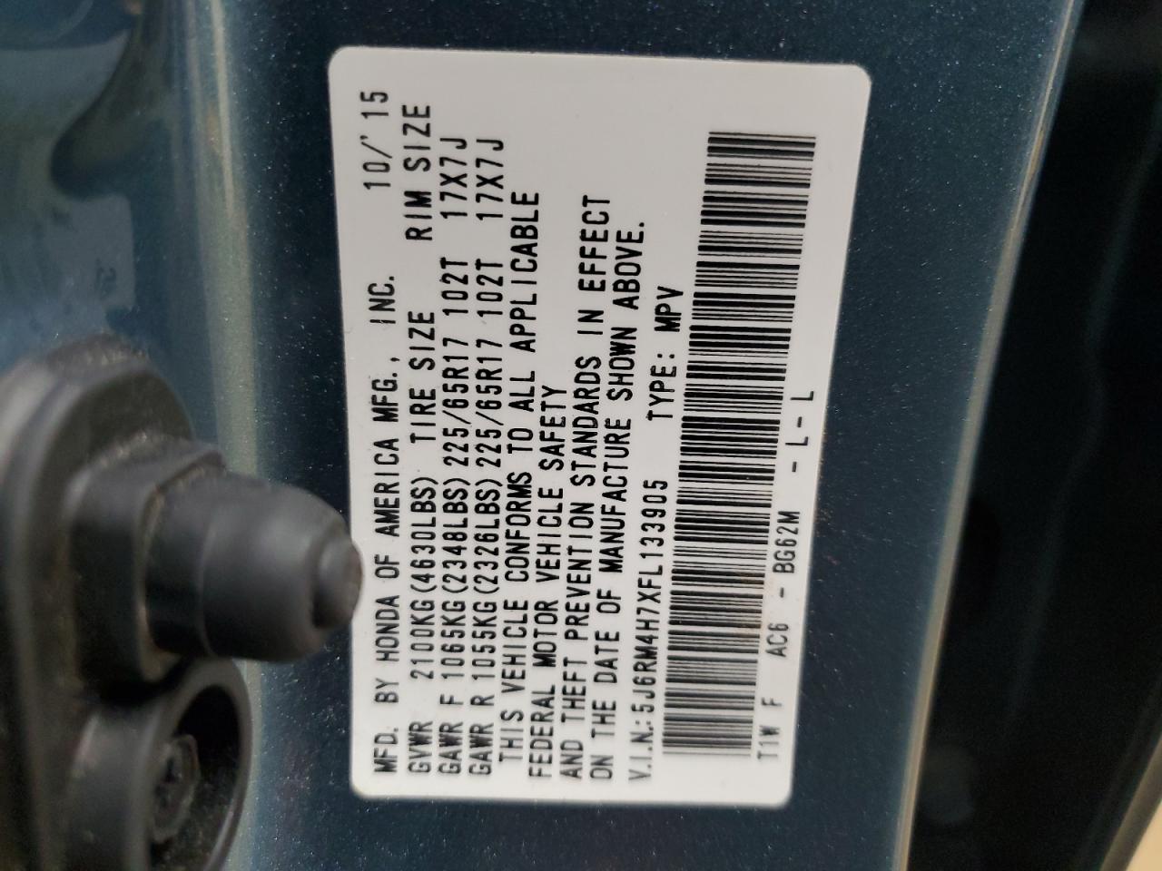 2015 Honda Cr-V Exl VIN: 5J6RM4H7XFL133905 Lot: 82688845