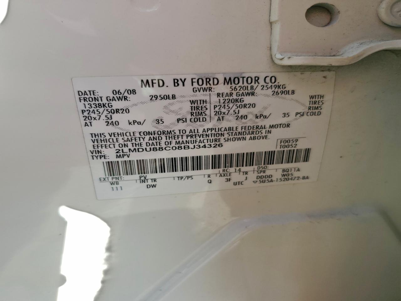 2008 Lincoln Mkx VIN: 2LMDU88C08BJ34326 Lot: 92938595