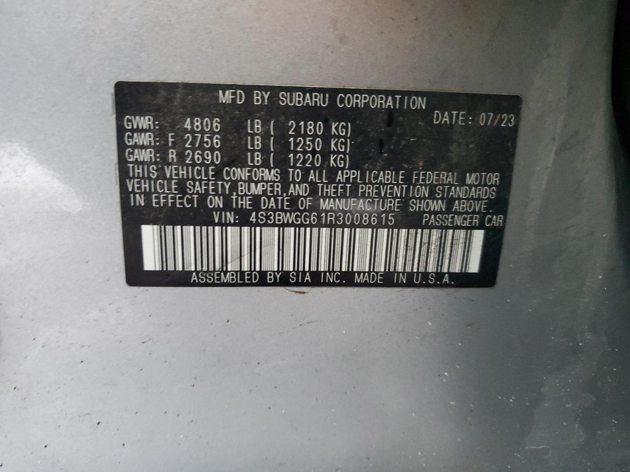 2024 Subaru Legacy Sport VIN: 4S3BWGG61R3008615 Lot: 92106065