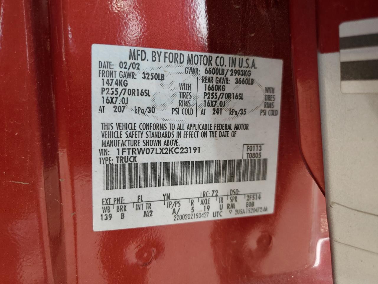 2002 Ford F150 Supercrew VIN: 1FTRW07LX2KC23191 Lot: 91477355