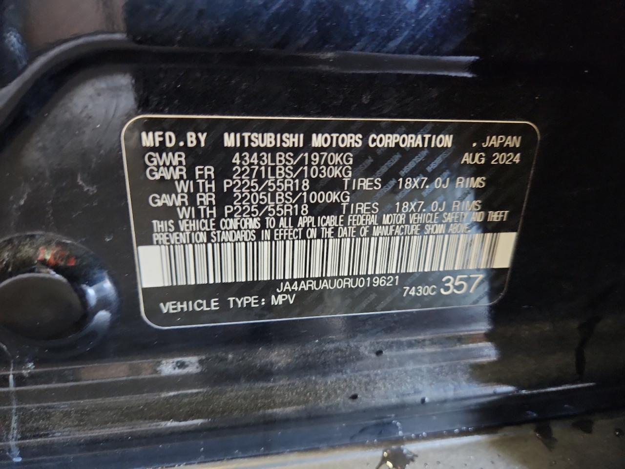 2024 Mitsubishi Outlander Sport S/Se VIN: JA4ARUAU0RU019621 Lot: 91992045