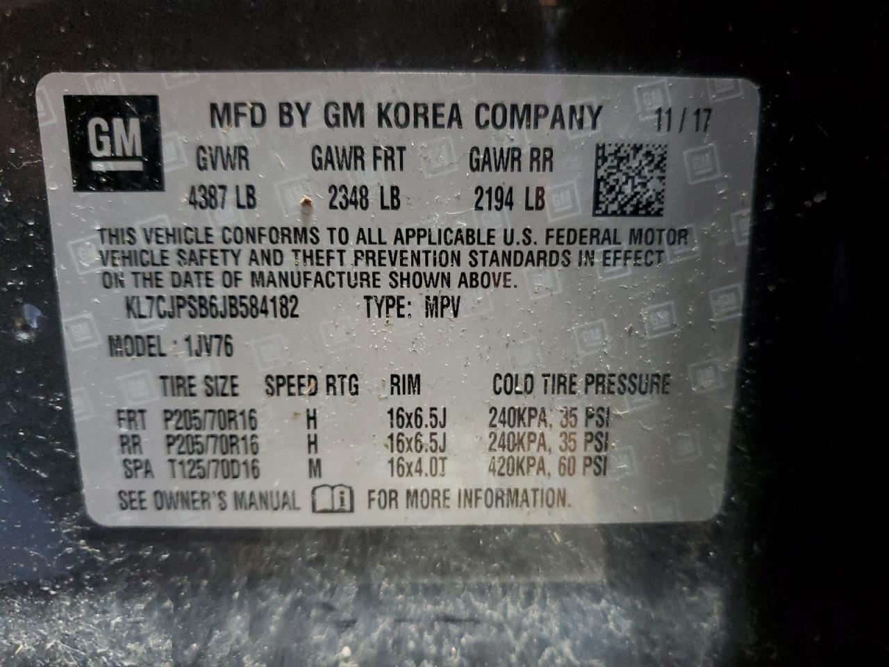 2018 Chevrolet Trax 1Lt VIN: KL7CJPSB6JB584182 Lot: 92712465