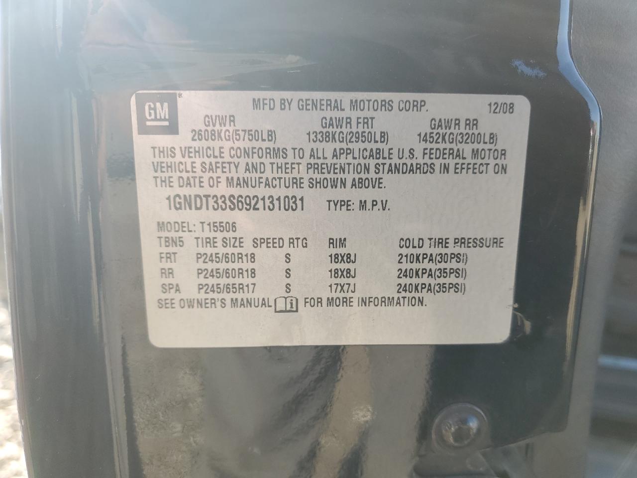 2009 Chevrolet Trailblazer Lt VIN: 1GNDT33S692131031 Lot: 91668065