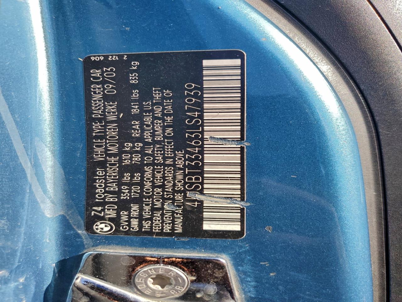 2003 BMW Z4 2.5 VIN: 4USBT33463LS47939 Lot: 92715315