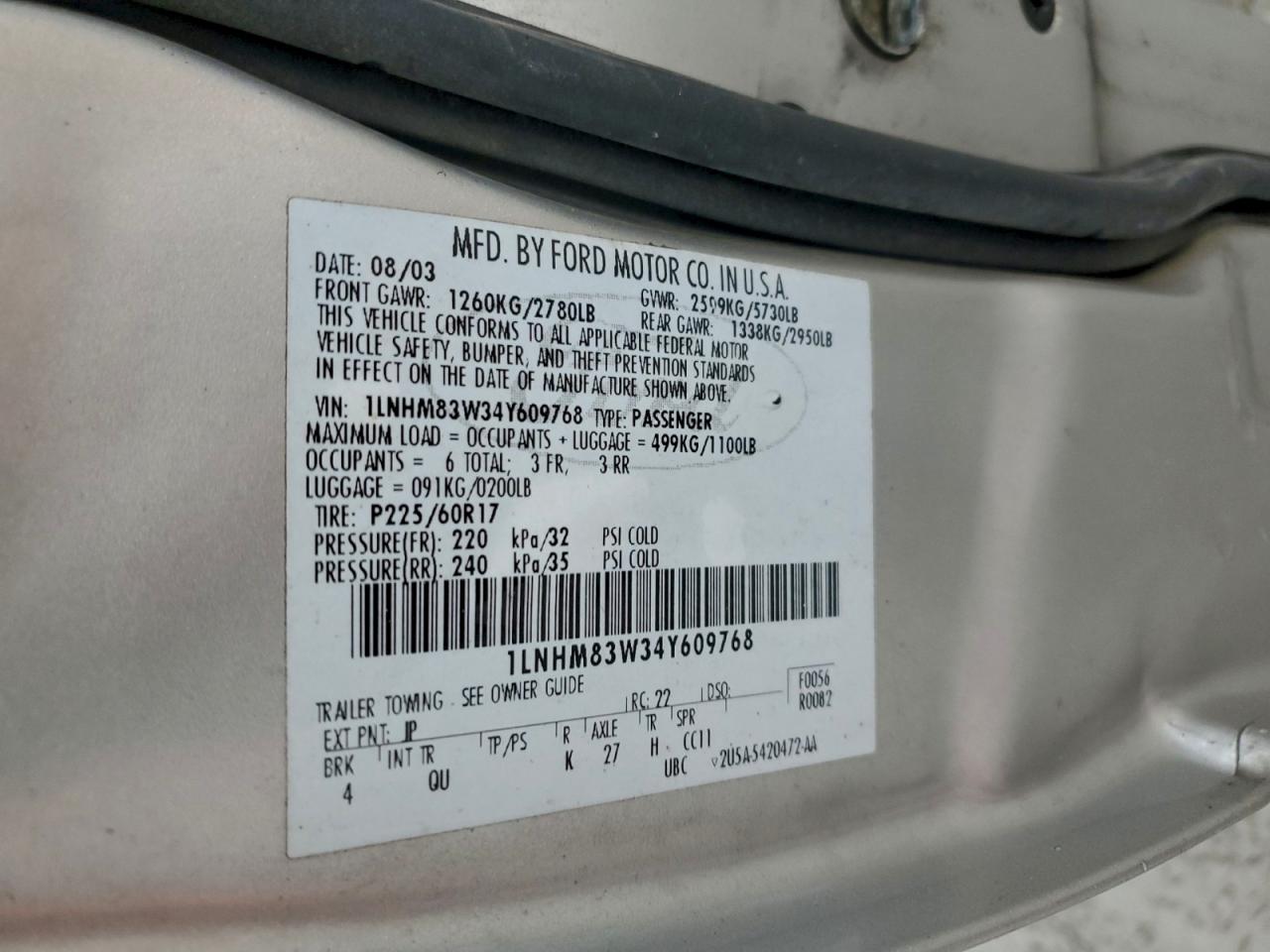 2004 Lincoln Town Car Ultimate VIN: 1LNHM83W34Y609768 Lot: 94487765