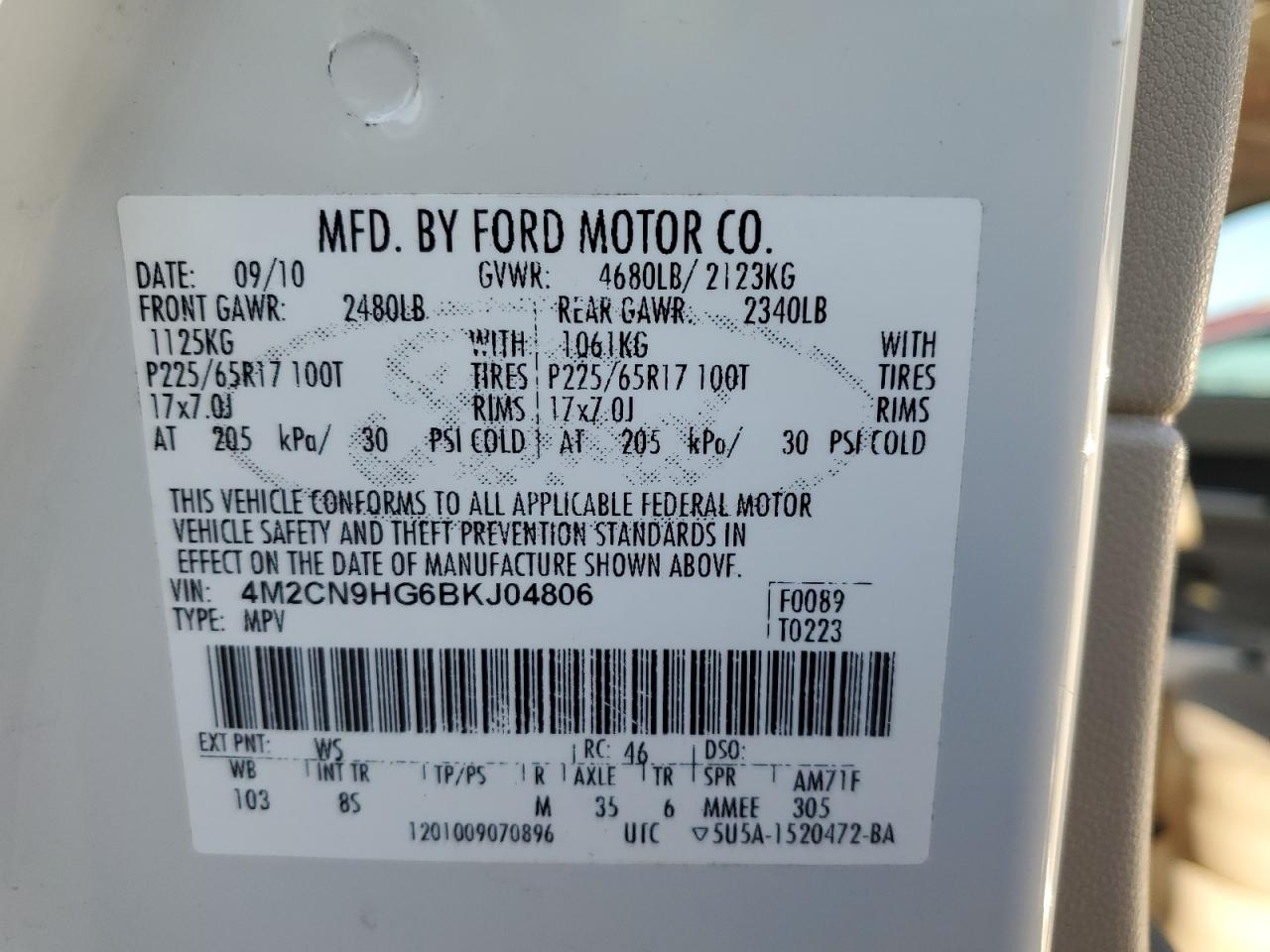 2011 Mercury Mariner Premier VIN: 4M2CN9HG6BKJ04806 Lot: 91813435