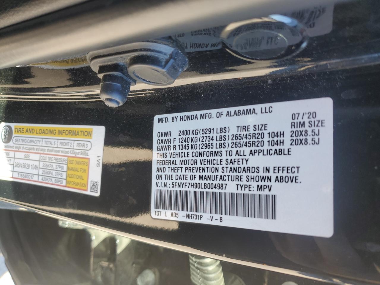 2020 Honda Passport Touring VIN: 5FNYF7H90LB004987 Lot: 93038245