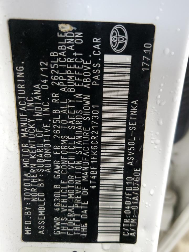 2012 Toyota Camry Base VIN: 4T4BF1FK6CR217301 Lot: 92994535