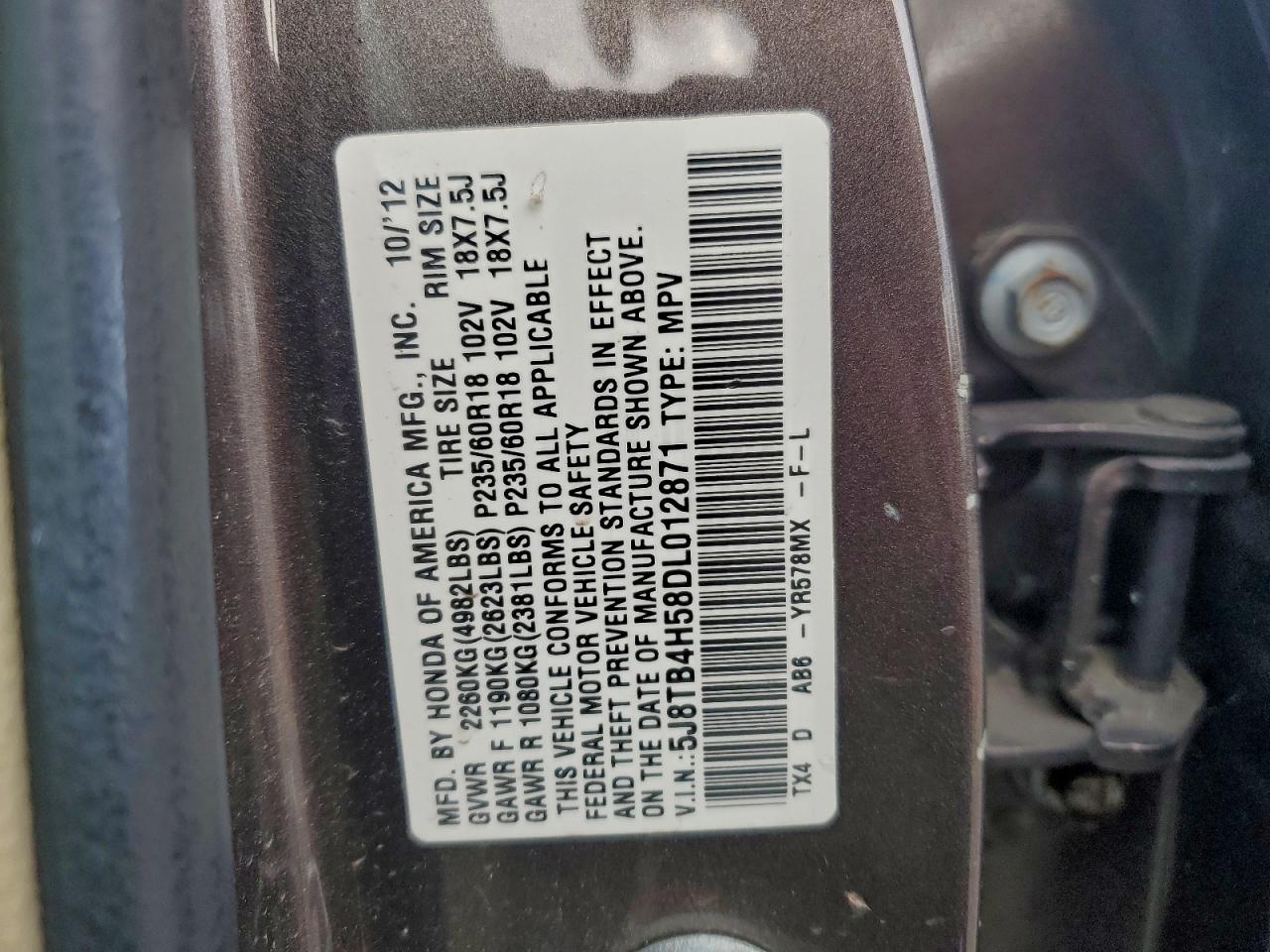 2013 Acura Rdx Technology VIN: 5J8TB4H58DL012871 Lot: 94736815