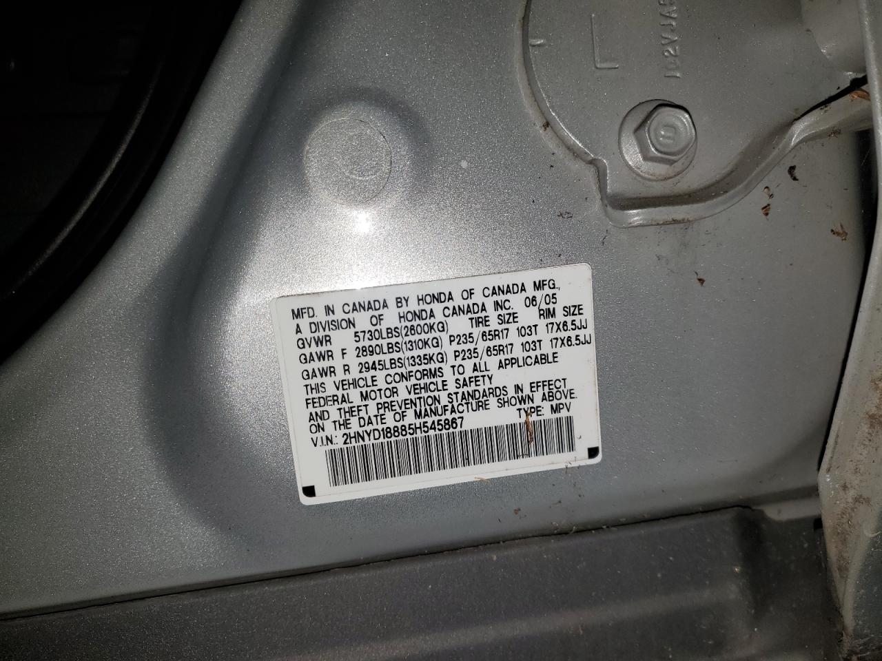 2005 Acura Mdx Touring VIN: 2HNYD18885H545867 Lot: 92994595