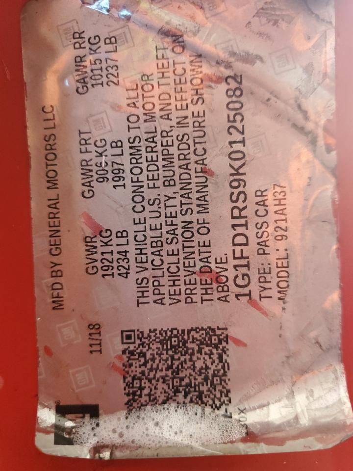 2019 Chevrolet Camaro Lt VIN: 1G1FD1RS9K0125082 Lot: 91218215