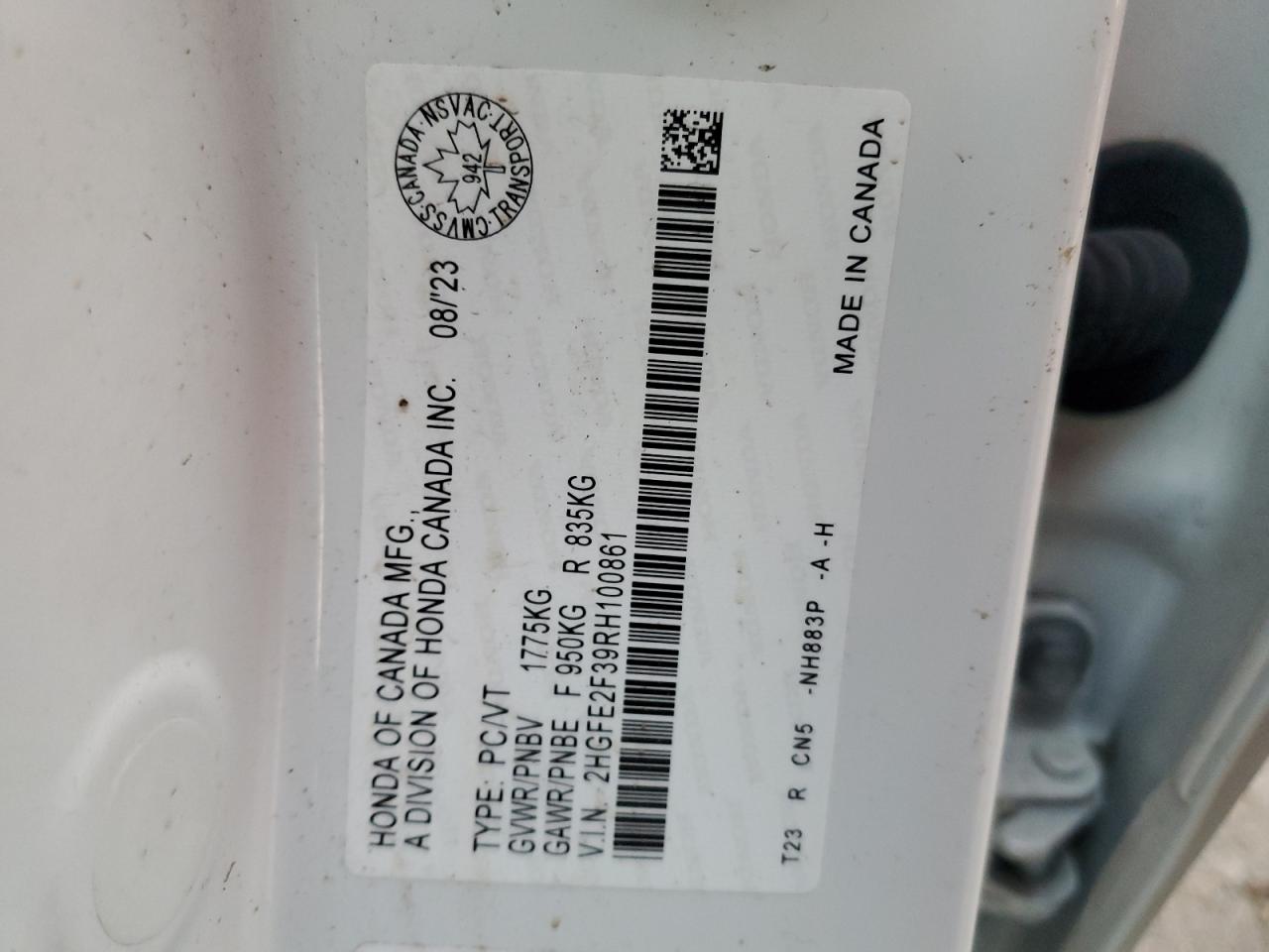 2024 Honda Civic Ex VIN: 2HGFE2F39RH100861 Lot: 90016445