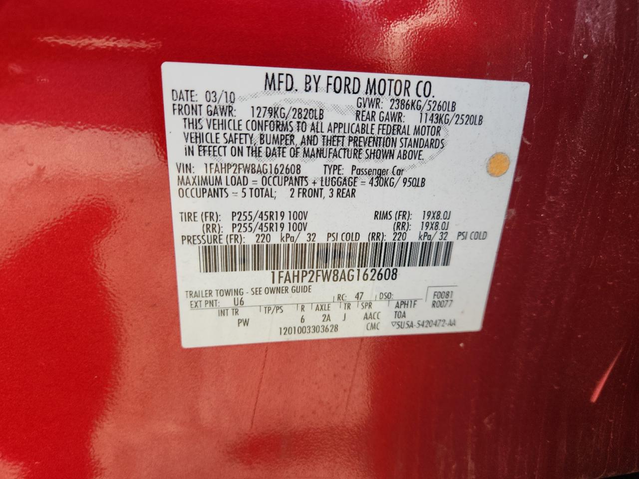 2010 Ford Taurus Limited VIN: 1FAHP2FW8AG162608 Lot: 91101415