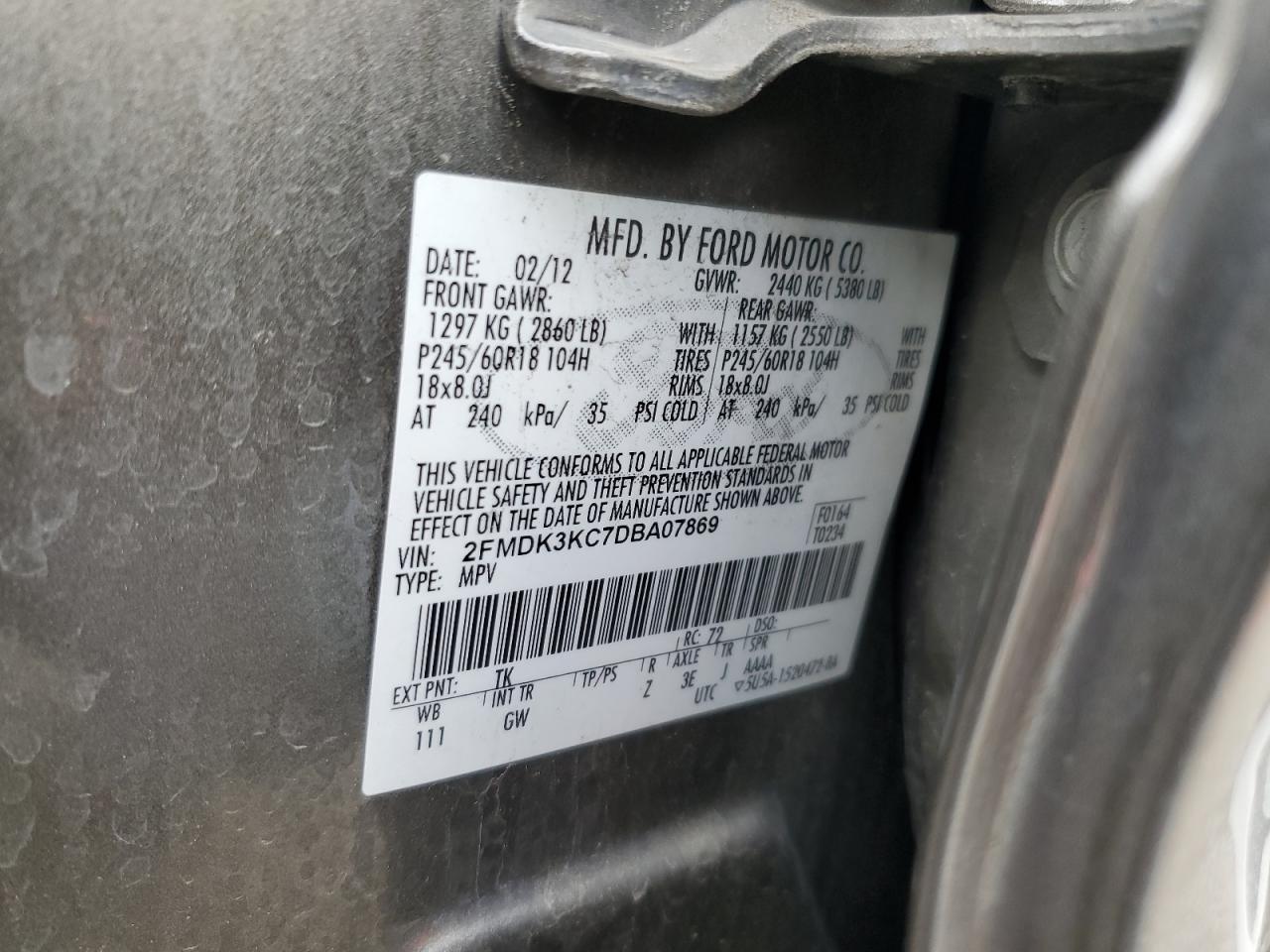 2013 Ford Edge Limited VIN: 2FMDK3KC7DBA07869 Lot: 93355565