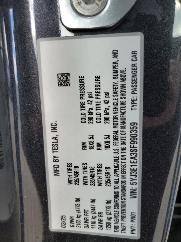 2025 Tesla Model 3 VIN: 5YJ3E1EA3SF990359 Lot: 93224425