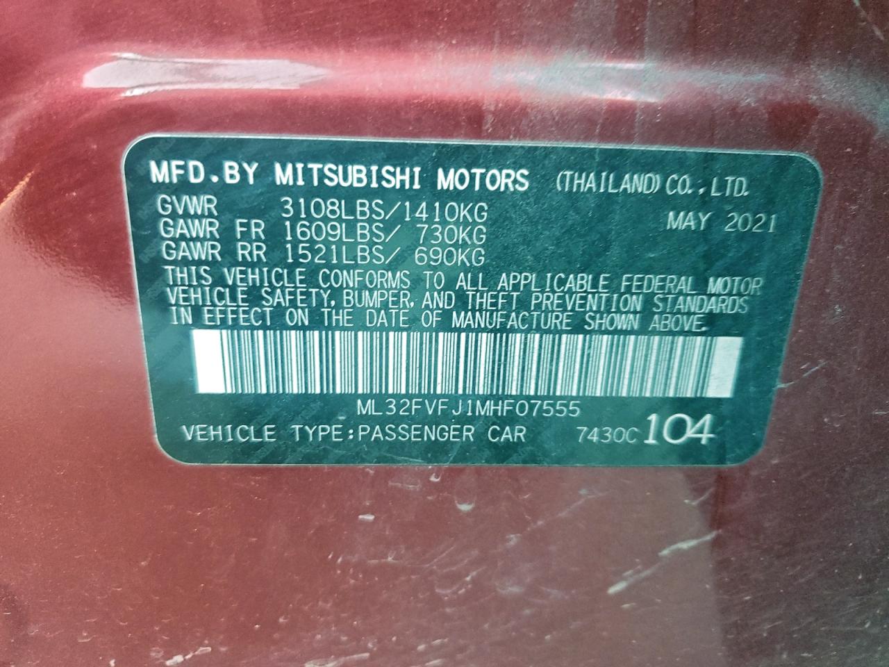 2021 Mitsubishi Mirage G4 Se VIN: ML32FVFJ1MHF07555 Lot: 93707215