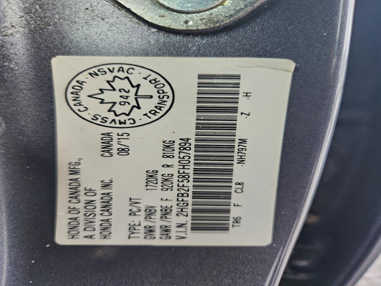 2015 Honda Civic Lx VIN: 2HGFB2F58FH057894 Lot: 92885635