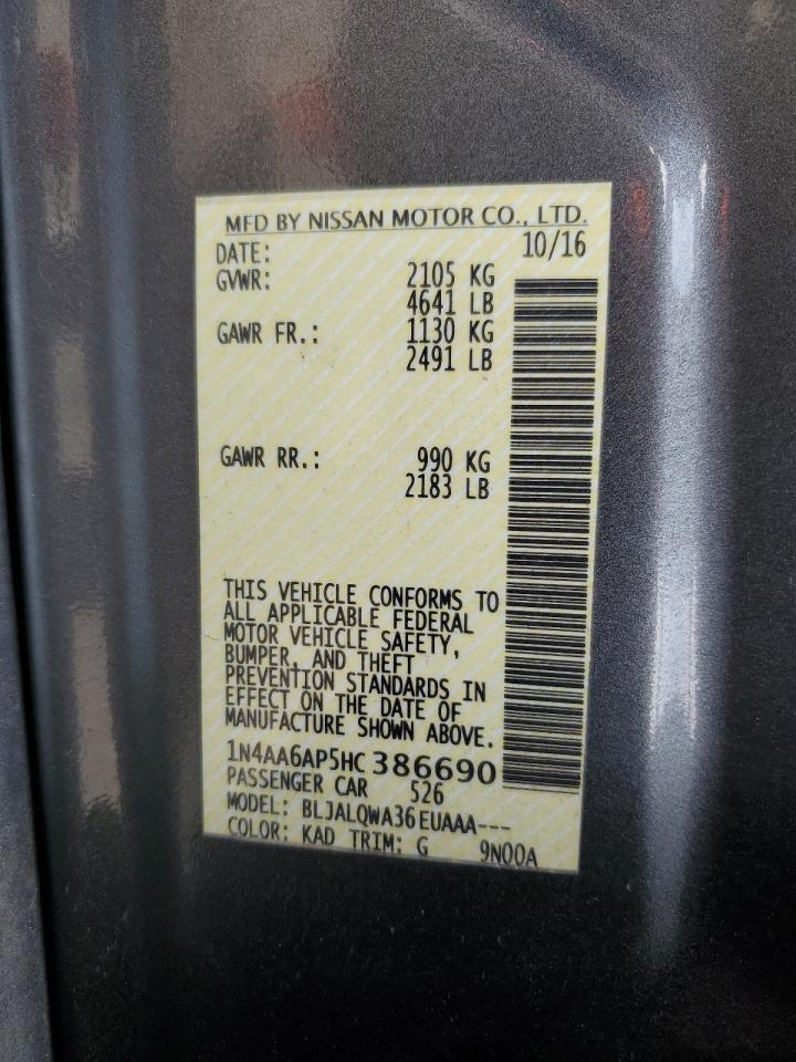 2017 Nissan Maxima 3.5S VIN: 1N4AA6AP5HC386690 Lot: 91146315