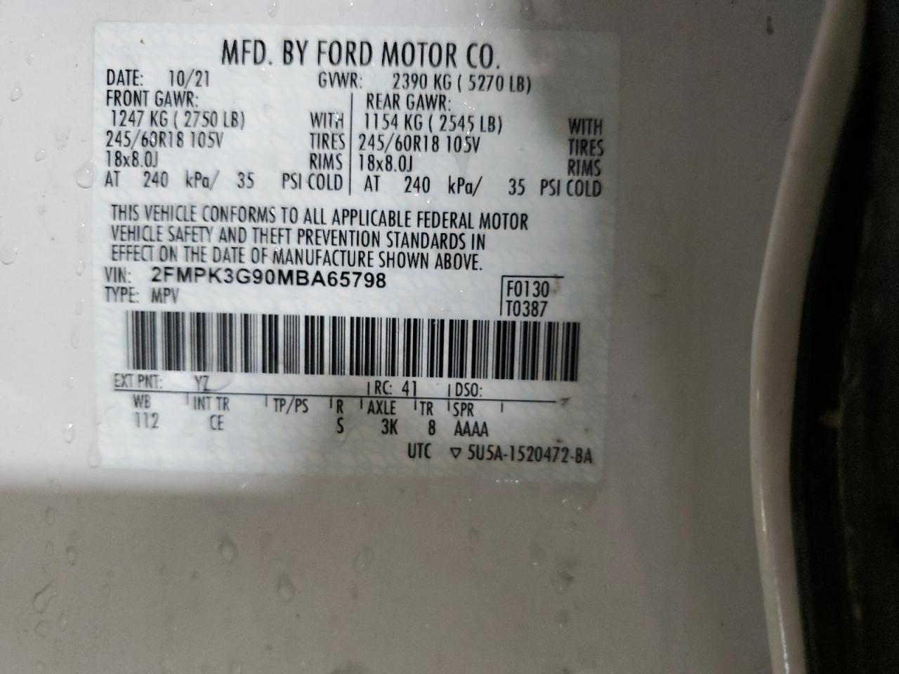 2021 Ford Edge Se VIN: 2FMPK3G90MBA65798 Lot: 91720435