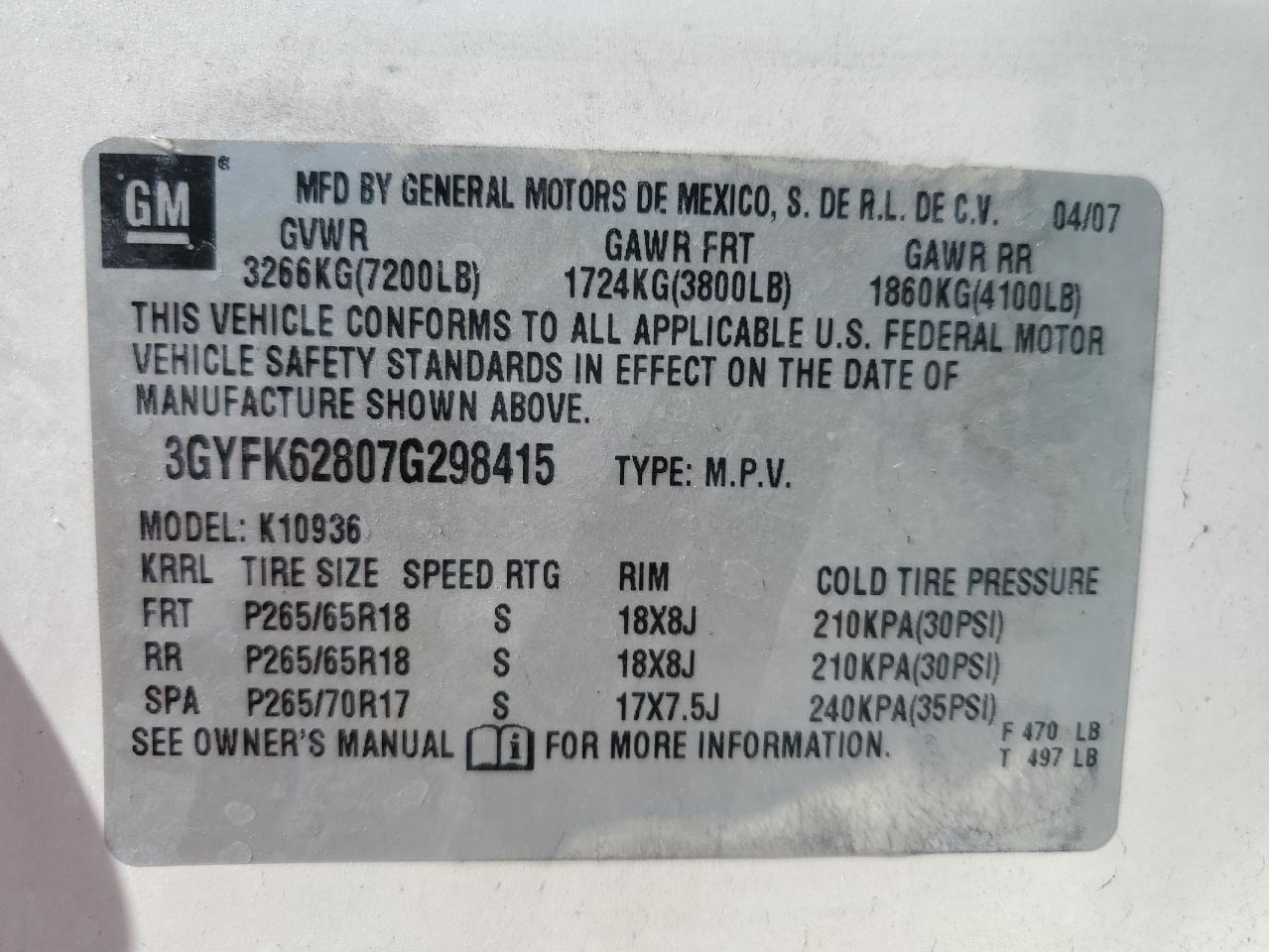 2007 Cadillac Escalade Ext VIN: 3GYFK62807G298415 Lot: 91041315