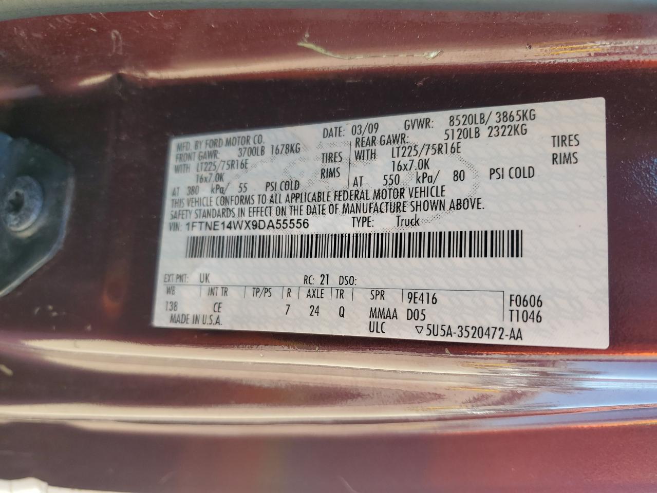 2009 Ford Econoline E150 Van VIN: 1FTNE14WX9DA55556 Lot: 91879035