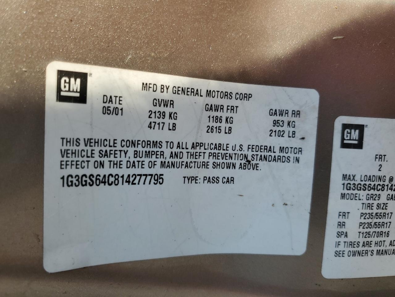 2001 Oldsmobile Aurora 4.0 VIN: 1G3GS64C814277795 Lot: 91415635