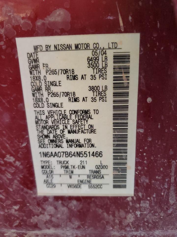 2004 Nissan Titan Xe VIN: 1N6AA07B64N551466 Lot: 92528455