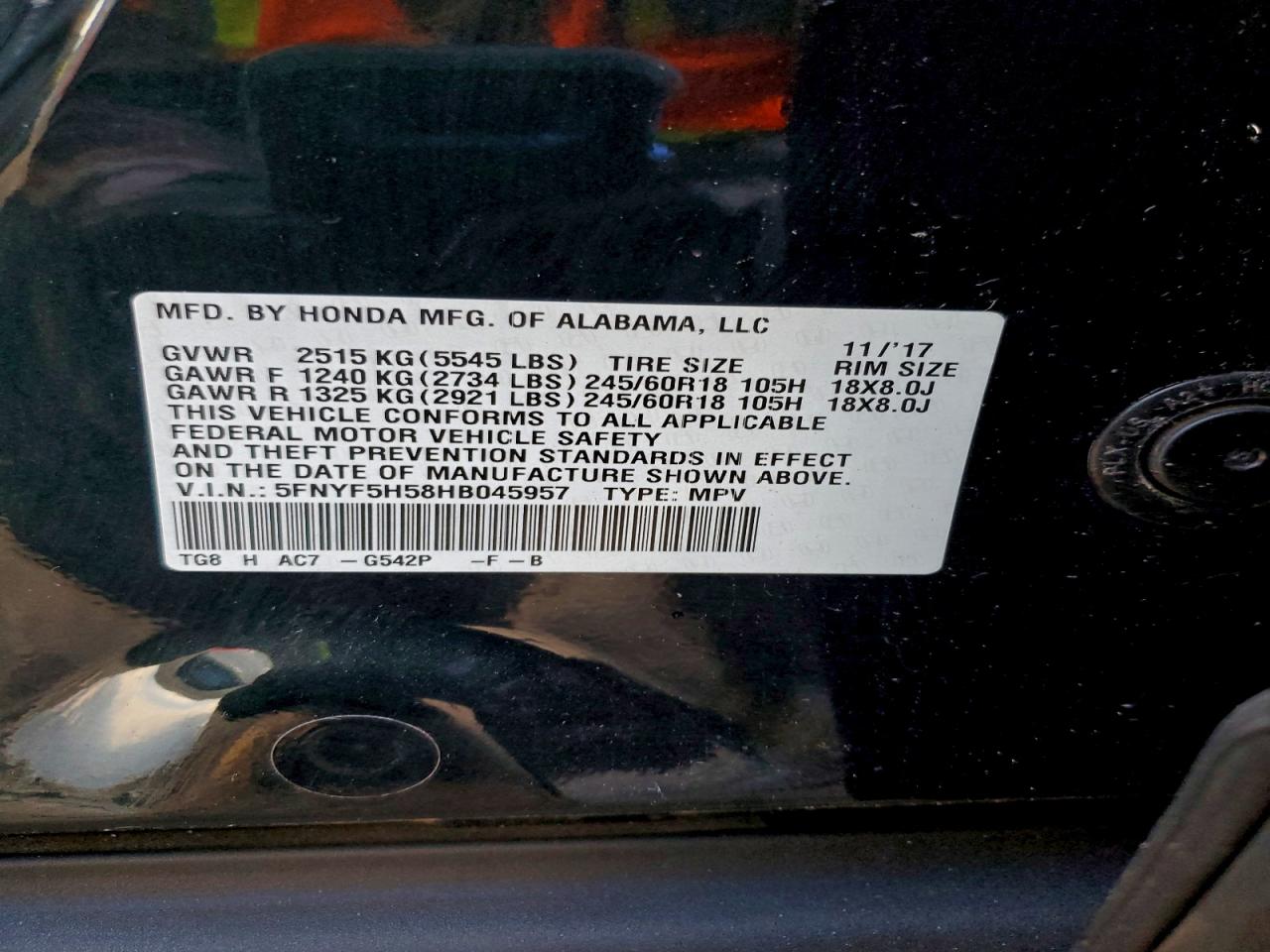 2017 Honda Pilot Exl VIN: 5FNYF5H58HB045957 Lot: 94503325