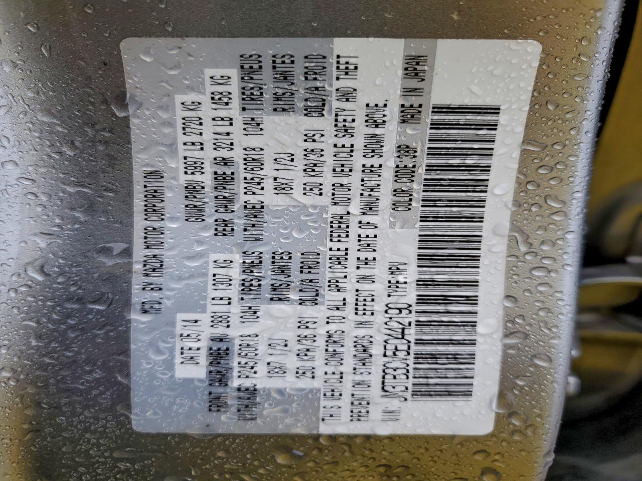 2014 Mazda Cx-9 Touring VIN: JM3TB3CV5E0442190 Lot: 82327395