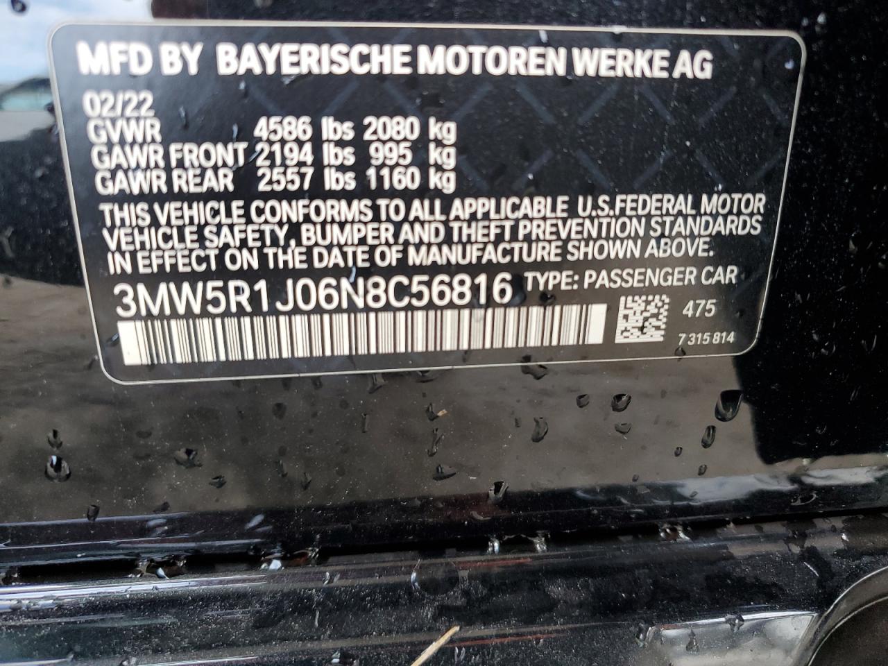 2022 BMW 330I VIN: 3MW5R1J06N8C56816 Lot: 91189975