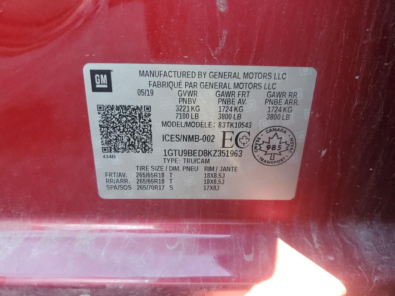 2019 GMC Sierra K1500 Sle VIN: 1GTU9BED8KZ351963 Lot: 93812905