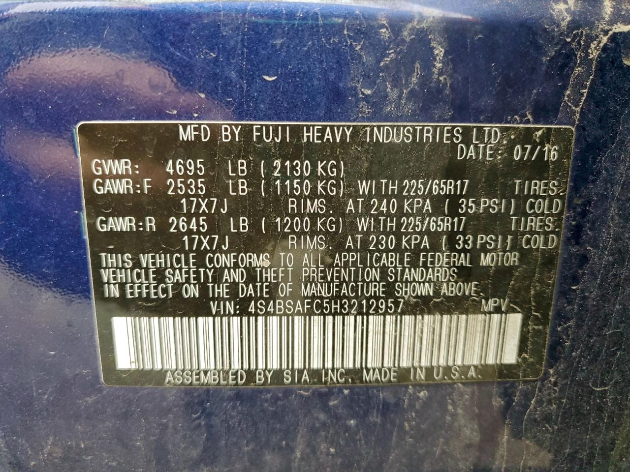 2017 Subaru Outback 2.5I Premium VIN: 4S4BSAFC5H3212957 Lot: 92077645