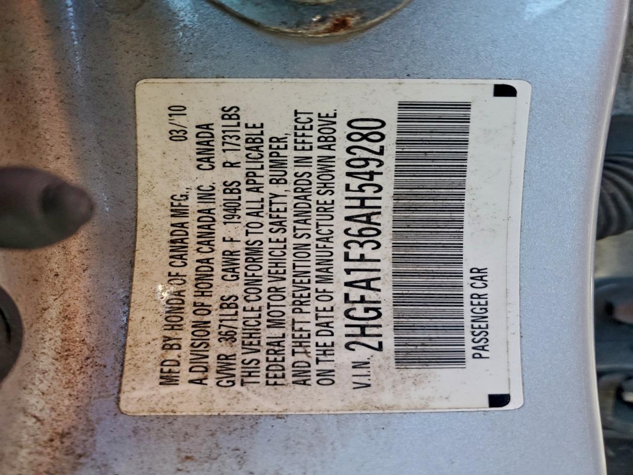 2010 Honda Civic Vp VIN: 2HGFA1F36AH549280 Lot: 93535165