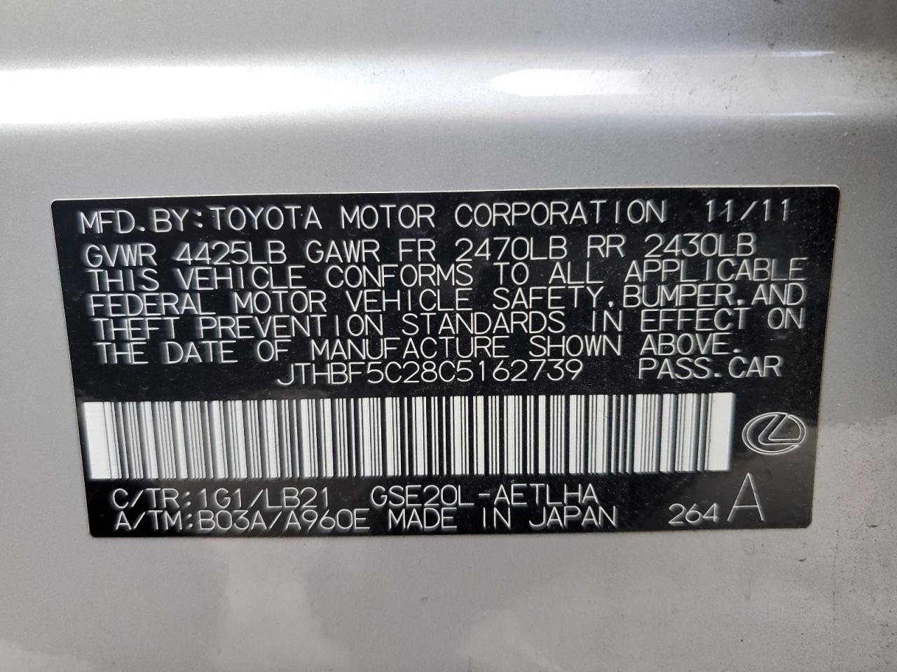 2012 Lexus Is 250 VIN: JTHBF5C28C5162739 Lot: 93389955