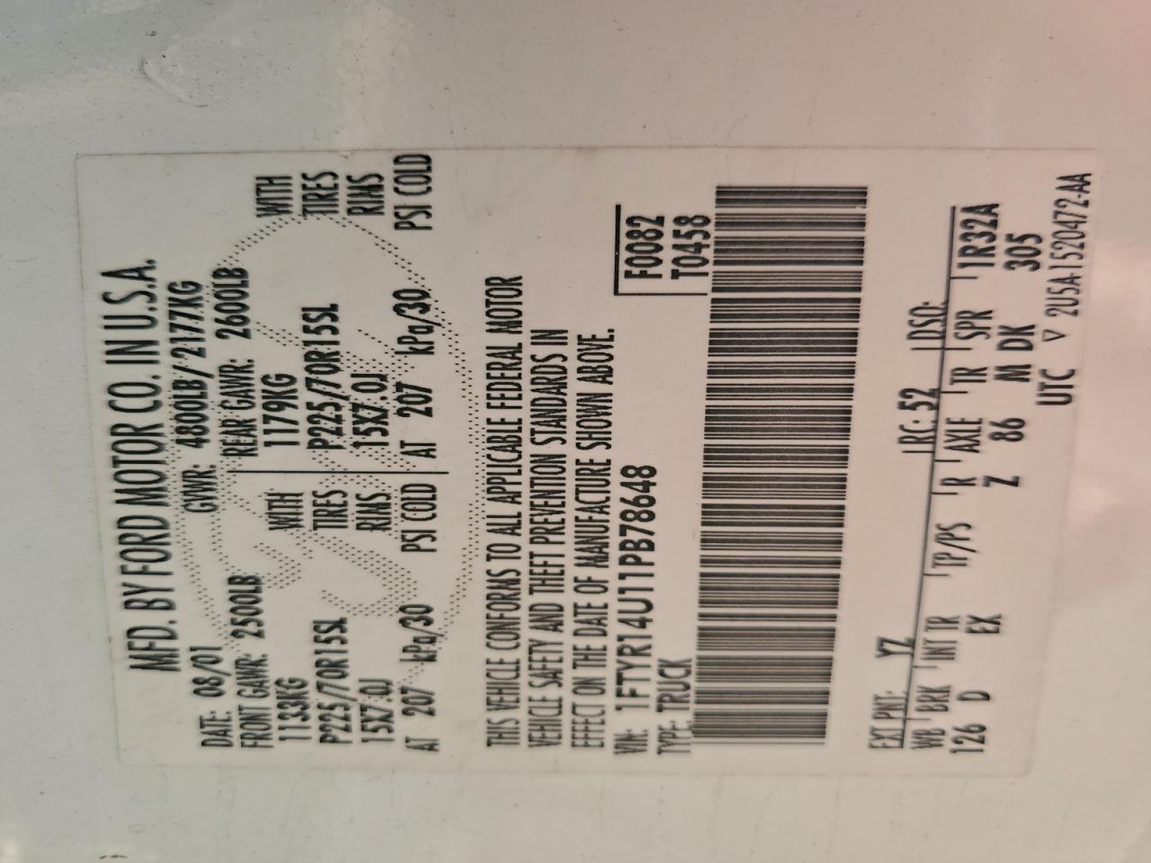 2001 Ford Ranger Super Cab VIN: 1FTYR14U11PB78648 Lot: 92646995